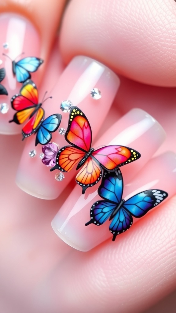 Close-up of butterfly nail art design with colorful patterns and embellishments.